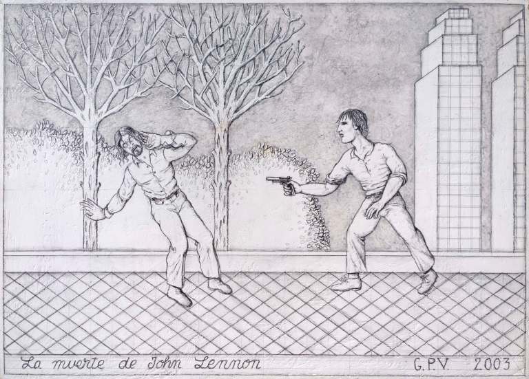 GUPE Muerte John Lennon (serie Grandes momentos de la historia de la música moderna), 2003. Grafito sobre tabla estucada. x 35,5 x 49,5 cm cm