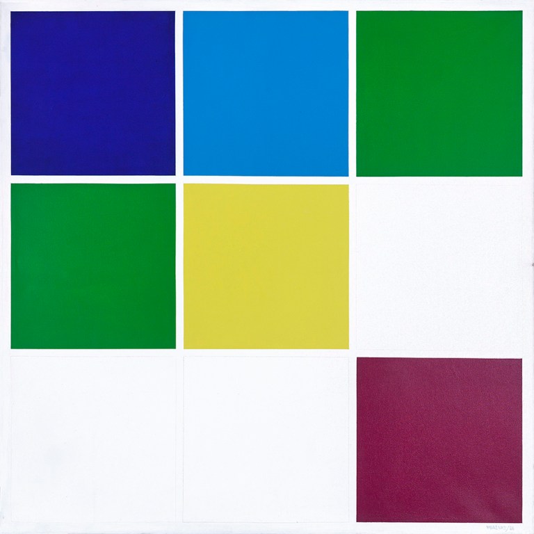 1.- © Waldo Balart, MÓDULO 3✕3 , 2.3.4.4.5.8 DEL DESARROLLO CROMÁTICO 2.3.4.5.8, 1988 Serie DESARROLLO CROMÁTICO DEL CEL Acrílico sobre lienzo. 130 x 130 cm