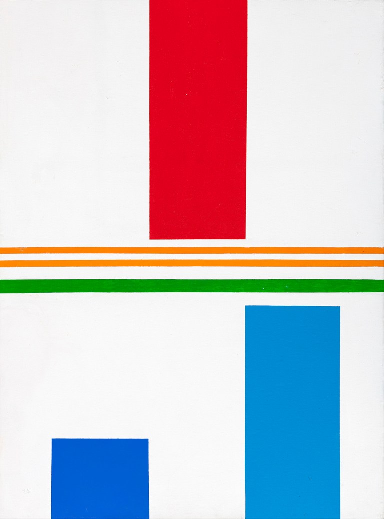 5.- © Waldo Balart, PROPOSICIÓN, FORMATO PEQUEÑO, MÓDULO ROJO CONTRA CYAN Y ULTRAMAR, 1979 Serie CONJUNTOS NO VACÍOS, Grupo LENGUAJE MODULAR Acrílico sobre lienzo. 81 x 60 cm